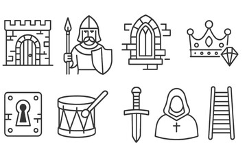 Medieval, knight outline icon set. castle, armor, weapon, crown outline collection