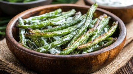 Air Fried Green Beans in Wooden Bowl