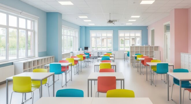 Bright and airy classroom featuring rows of desks with colorful chairs, creating a vibrant learning environment perfect for education and academic settings, with natural light.