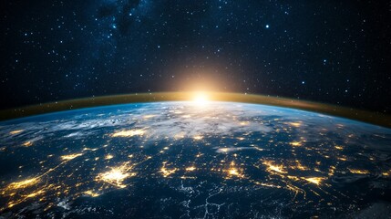 Obraz premium Earth From Space View with City Lights and Rising Sun