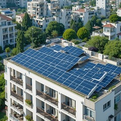 Solar panels on a modern apartment building, sustainable living, green technology, energy efficiency, innovative urban development