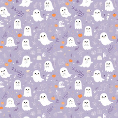 A ghost is smiling and standing on a purple background 