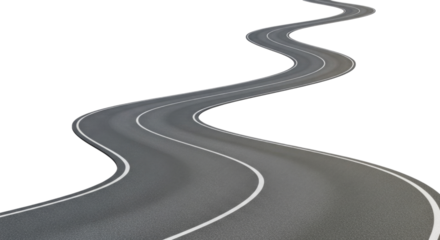 Winding asphalt road stretches across a white background showcasing smooth curves isolated on transparent bg, cutout png