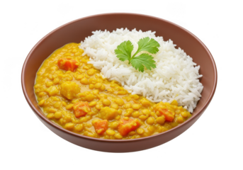 A bowl of indian dal rice with a coriander garnish isolated on white transparent background