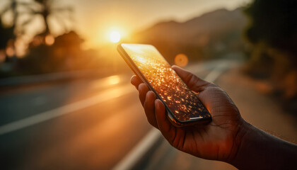 Person holding a smartphone with a sunset reflected on the screen on a rural road