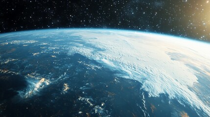 Fototapeta premium Earth From Space with Clouds and Stars Illuminated by Sunlight