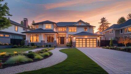 Beautiful two story suburban home with manicured lawn and driveway stands elegantly against a picturesque sunset sky in residential area.