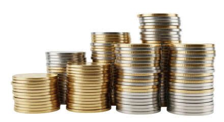 Stacks of gold and silver coins arranged in various heights on a solid surface, isolated on transparent bg, cutout png