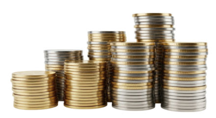 Stacks of gold and silver coins arranged in various heights on a solid surface, isolated on transparent bg, cutout png