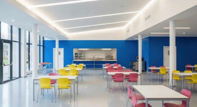 Bright school cafeteria with colorful chairs and tables, showcasing a modern design with a blue wall and natural light, perfect for educational or architectural contexts.