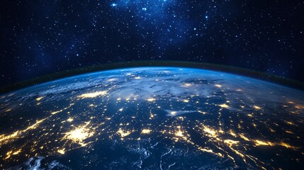 Earth View From Space at Night with City Lights and Stars