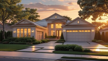 A beautiful modern home with a three-car garage sits surrounded by lush landscaping as the sun sets painting the sky with vibrant colors.