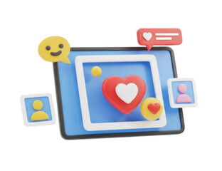 Social media engagement concept with icons, hearts, and chat bubbles isolated on transparent bg, cutout png