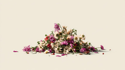 Pile of dead flowers on white surface card. limp surface. Illustration
