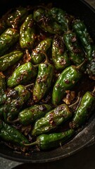 Close-Up of Pan-Seared Green Peppers with Garlic and Glaze in a Dark Skillet