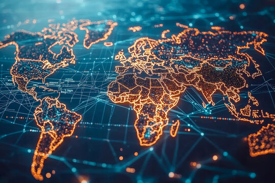 Digital illuminated world map showcasing global connectivity and data networks - Powered by Adobe
