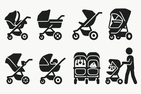 Baby stroller silhouette icon set. pram, buggy, pushchair icons silhouette collection