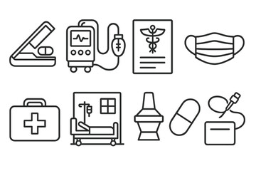 Fototapeta premium Medical and healthcare line icon set. hospital, pill, mask, equipment, more