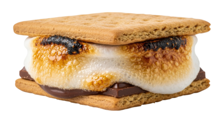 Delicious toasted s'mores made with graham crackers, melted chocolate, and perfectly roasted marshmallows isolated on transparent bg, cutout png