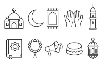 Islamic, ramadan, eid line icon set. mosque, prayer, crescent linear icons collection