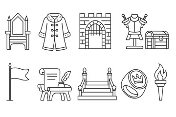 Medieval, history outline icon set: castles, armor, royalty symbols outline collection