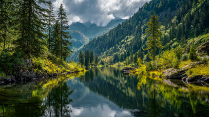 Serene mountain lake surrounded by lush forest and towering peaks with reflections in the water