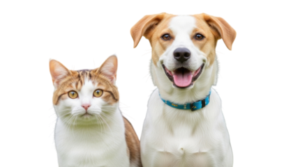 Happy cat and dog sitting side by side, showcasing friendship on a transparent background, cutout png