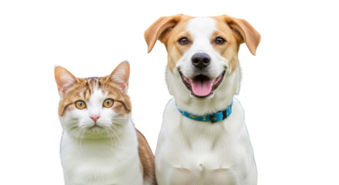 Happy cat and dog sitting side by side, showcasing friendship on a transparent background, cutout png