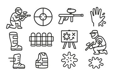 Paintball, outdoor game linear icon set. equipment, sport, action icons line collection