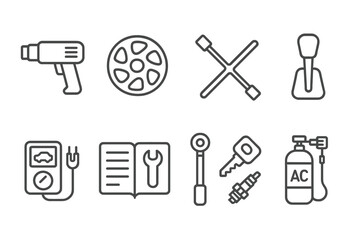 Fototapeta premium Automotive repair line icon set. tools, maintenance, diagnostics line illustrations