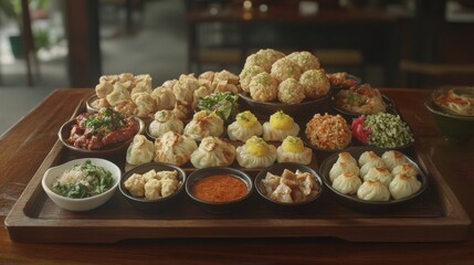 Assorted Air-Fried Dumplings on a Wooden Tray