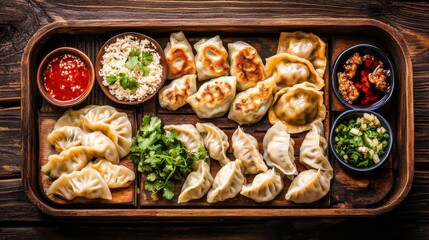 Assorted Air-Fried Dumplings on Wooden Tray