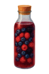 Watercolor berry drink in glass bottle with cork. Vector isolated on white background.