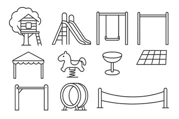 Playground equipment line icon set. swings, slide, playhouse in line style