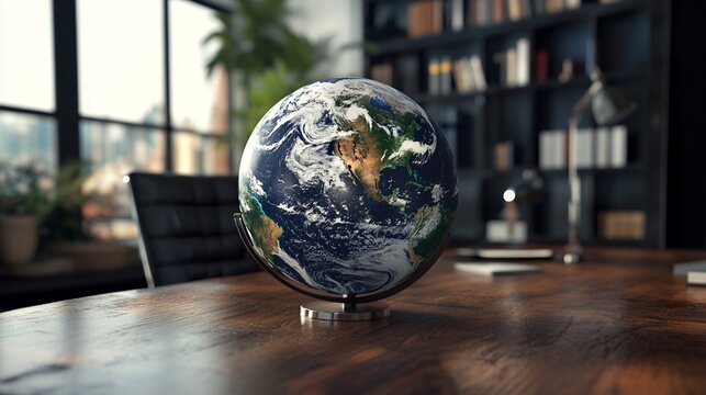 Viewing Globe on Wooden Desk in Office or Home Study Setup