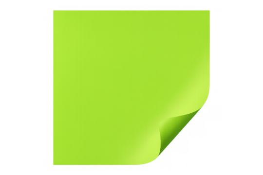 Blank lime green sticky note with curled corner on a transparent background, ideal for reminders, messages, or creative projects