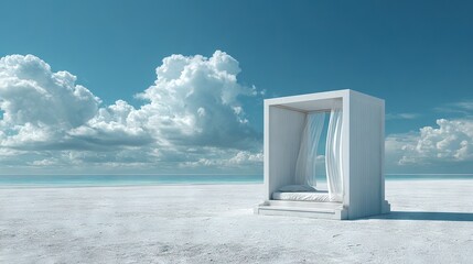 Modern white cabana with flowing curtains stands on pristine sandy beach under dramatic cloud formations and a vibrant clear blue sky