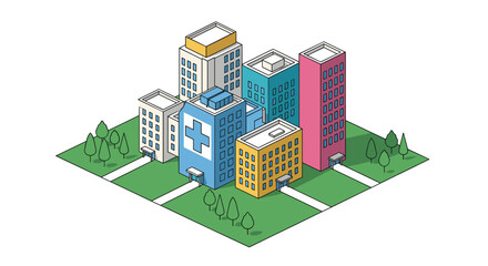 Modern cityscape architecture buildings with green spaces and pathways in an isometric view