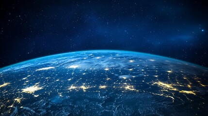 Earth From Space Showing City Lights at Night with Starry Sky