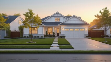 Newly constructed white farmhouse style home with a well manicured lawn and landscaping at sunset in a quiet suburban neighborhood setting.