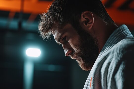 Brazilian jiu-jitsu practitioner training in a gym action shot intense focus indoor environment side view martial arts journey