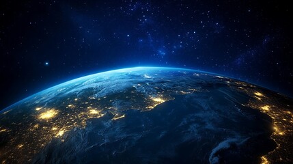 Obraz premium Earth From Space at Night Showing City Lights and Starry Sky