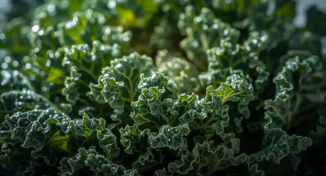 Vibrant Green Curly Kale Leaves with Fresh Water Droplets and Bokeh Highlights Macro Shot