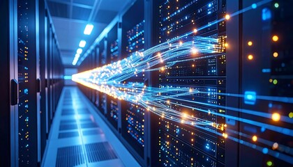 Server room with glowing fiber optic cables