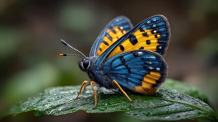 Obraz premium African Peach Moth with vibrant blue and orange wings resting on a lush green leaf in natural sunlight, surrounded by forest vegetation. 