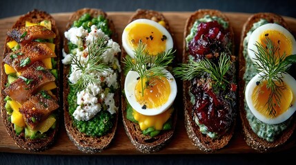Denmark dish Smorrebrod Open-faced rye bread sandwiches topped with pickled herring meat or cheese artfully arranged