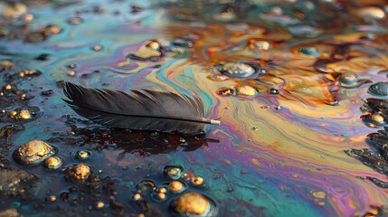 Oil-slick water with floating dark feather, golden foam clusters, and rainbow iridescent surface swirls in polluted stagnant layer. oily film. Illustration