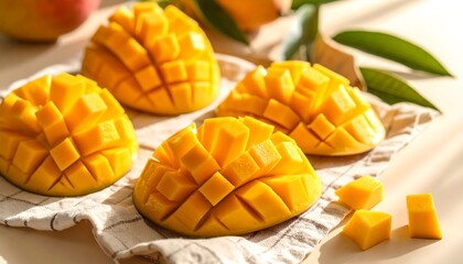 Freshly cut mangoes on a light cloth