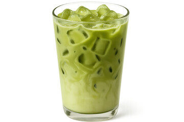 Chilled matcha latte garnished with ice, transparent backdrop highlighting vibrant green beverage for seasonal marketing