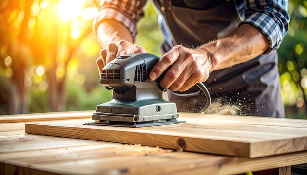 Close-up of a carpenter using a sander